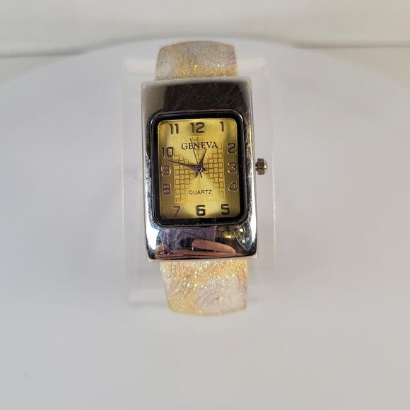 Geneva Silver Yellow Quartz Watch with Glittery Sparkle Cuff Bracelet Design - Picture 6 of 14